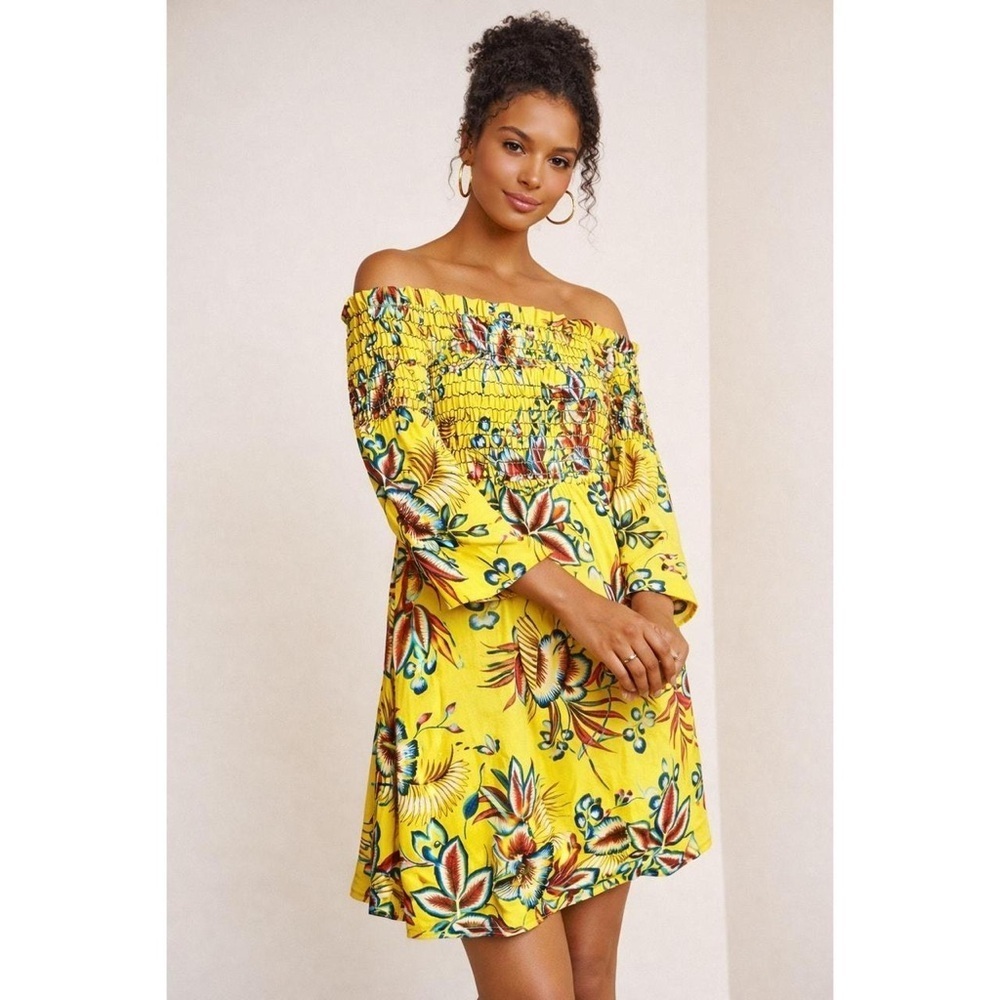 Anthropologie Farm Rio Bria Medium Smocked Off Shoulder Floral Mini Dress Yellow
